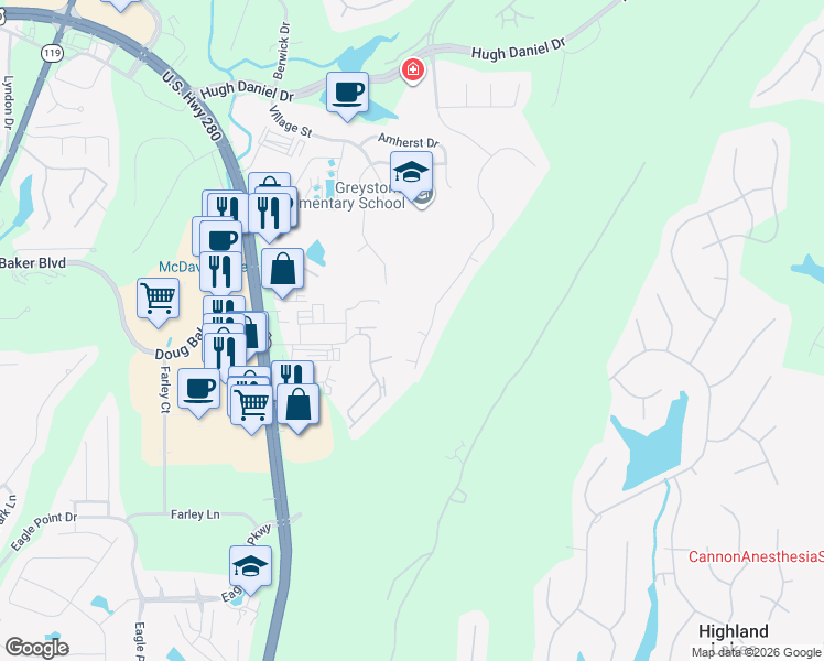 map of restaurants, bars, coffee shops, grocery stores, and more near 394 Greystone Glen Circle in Birmingham