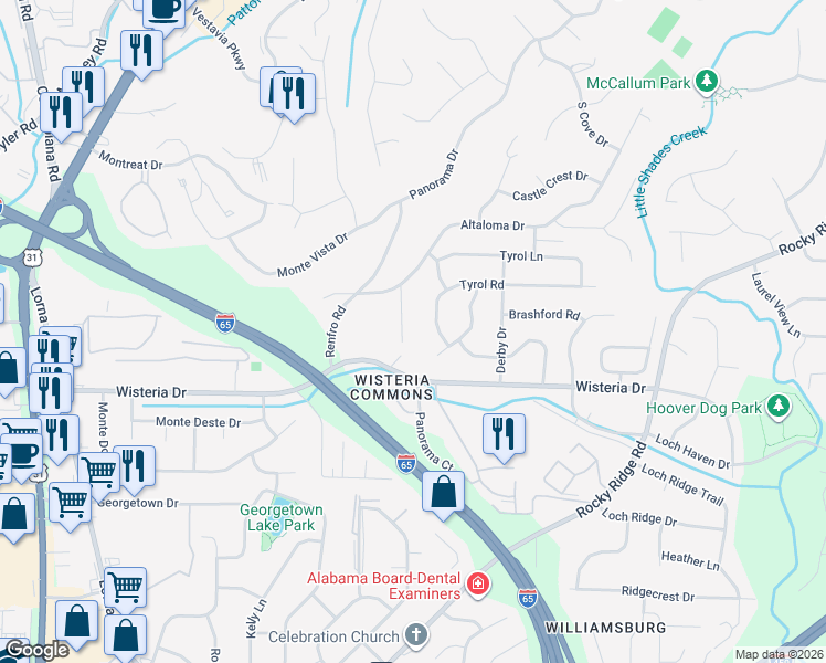 map of restaurants, bars, coffee shops, grocery stores, and more near 3095 Altaloma Cove in Vestavia Hills