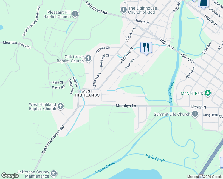 map of restaurants, bars, coffee shops, grocery stores, and more near 1015 26th Avenue North in Hueytown