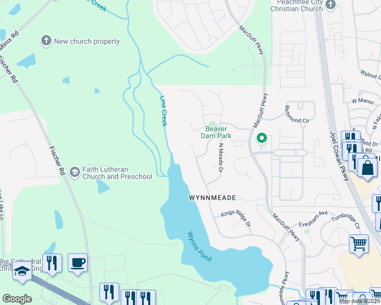 map of restaurants, bars, coffee shops, grocery stores, and more near 306 Wynnmeade Parkway in Peachtree City