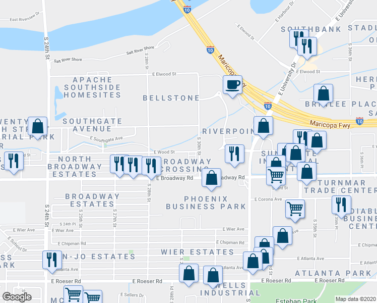 map of restaurants, bars, coffee shops, grocery stores, and more near 2958 East Wood Street in Phoenix
