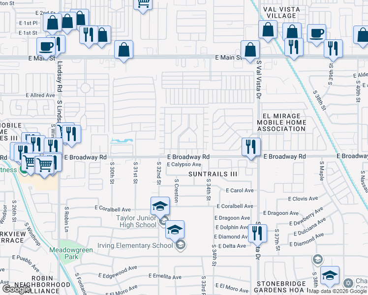 map of restaurants, bars, coffee shops, grocery stores, and more near 3300 East Broadway Road in Mesa