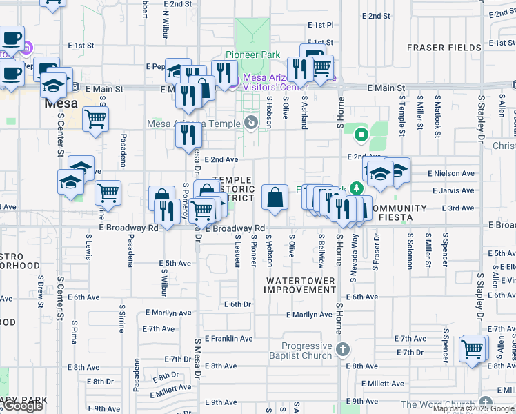 map of restaurants, bars, coffee shops, grocery stores, and more near 313 South Pioneer in Mesa