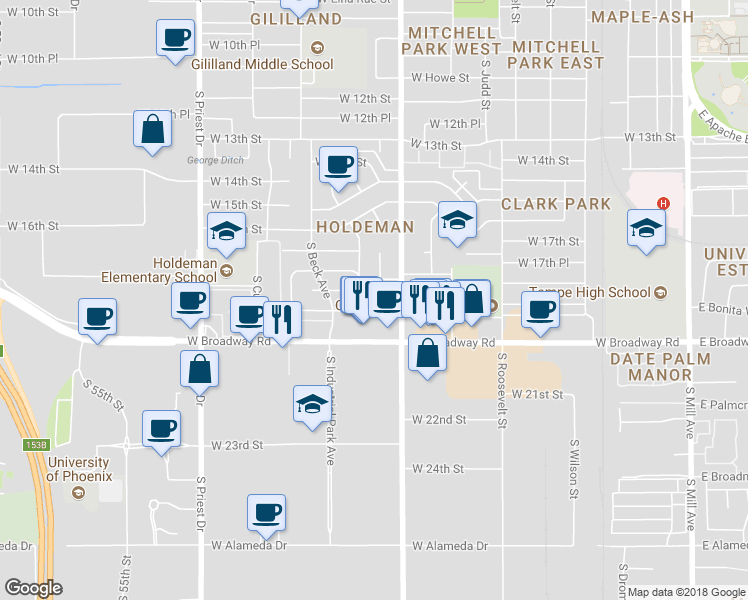 map of restaurants, bars, coffee shops, grocery stores, and more near 1816 South Parkside Drive in Tempe