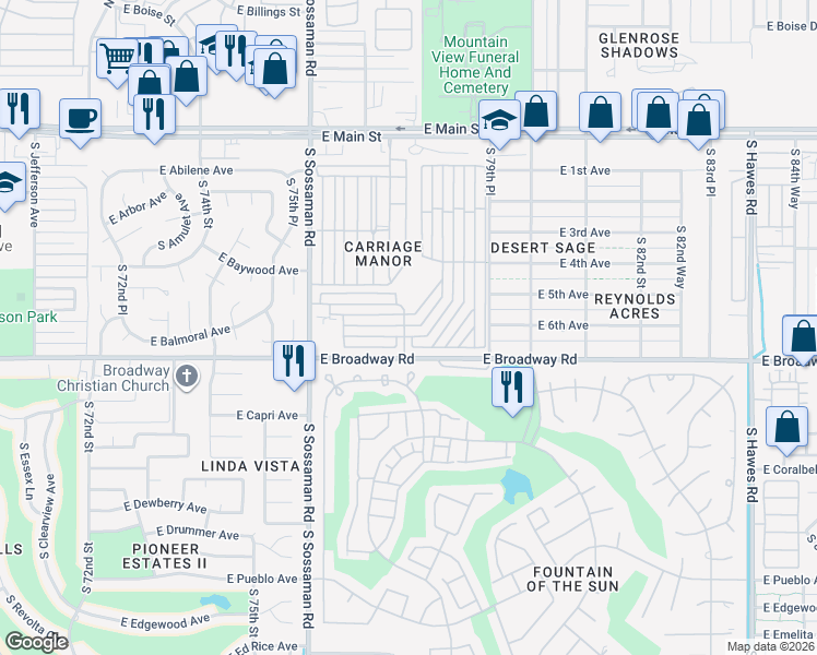 map of restaurants, bars, coffee shops, grocery stores, and more near 7750 East Broadway Road in Mesa