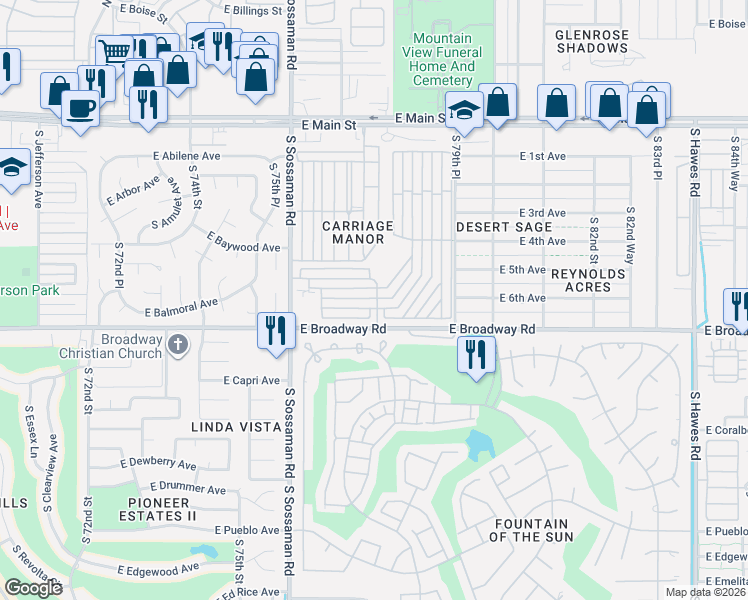 map of restaurants, bars, coffee shops, grocery stores, and more near 7750 East Broadway Road in Mesa