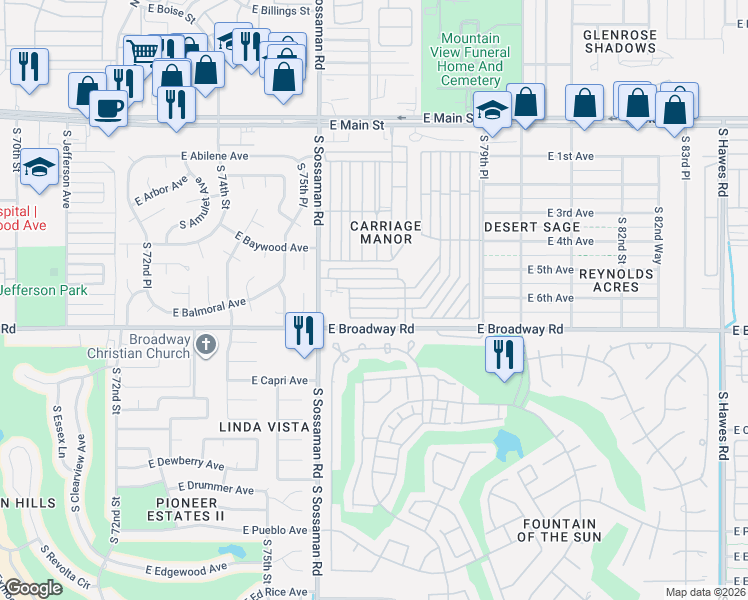 map of restaurants, bars, coffee shops, grocery stores, and more near 7750 East Broadway Road in Mesa