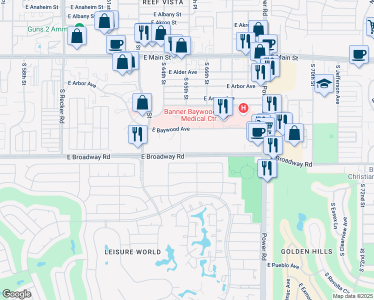 map of restaurants, bars, coffee shops, grocery stores, and more near 6458 East Broadway Road in Mesa