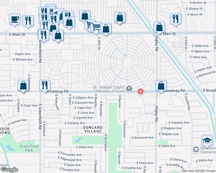 map of restaurants, bars, coffee shops, grocery stores, and more near 5001 East Main Street in Mesa