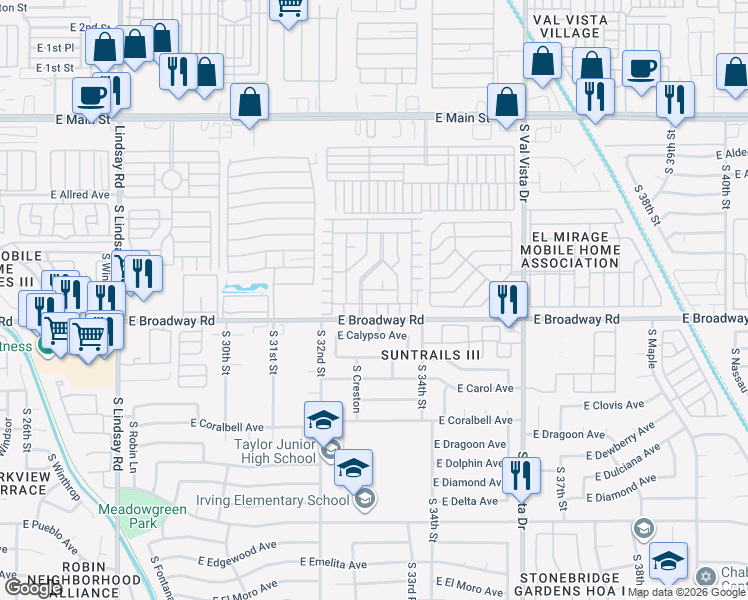 map of restaurants, bars, coffee shops, grocery stores, and more near 3300 East Broadway Road in Mesa