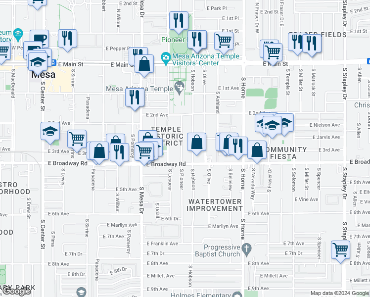 map of restaurants, bars, coffee shops, grocery stores, and more near 313 South Pioneer in Mesa