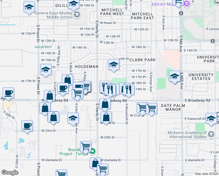map of restaurants, bars, coffee shops, grocery stores, and more near 805 West 17th Place in Tempe