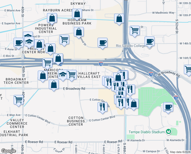 map of restaurants, bars, coffee shops, grocery stores, and more near 4530 East Riverside Street in Phoenix