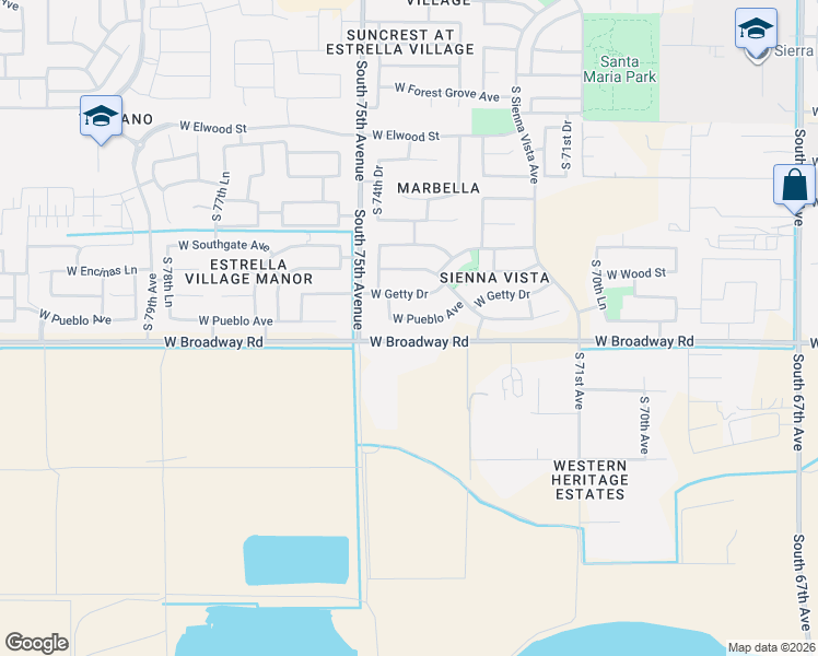 map of restaurants, bars, coffee shops, grocery stores, and more near 7410 West Pueblo Avenue in Phoenix