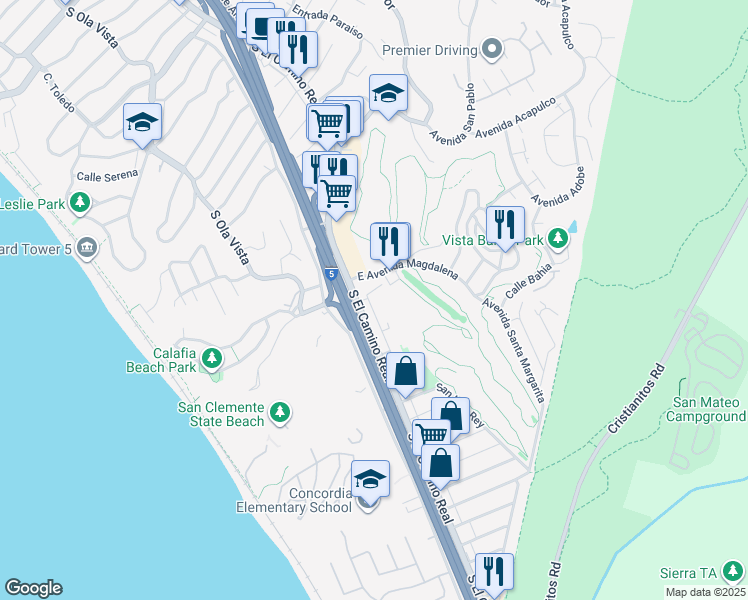 map of restaurants, bars, coffee shops, grocery stores, and more near 2501 South El Camino Real in San Clemente