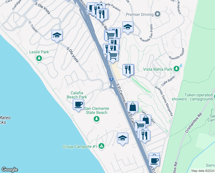 map of restaurants, bars, coffee shops, grocery stores, and more near 2483 South Ola Vista in San Clemente