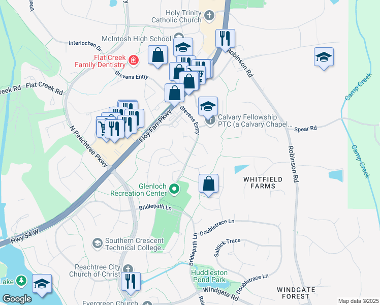 map of restaurants, bars, coffee shops, grocery stores, and more near 106 Clearview Drive in Peachtree City
