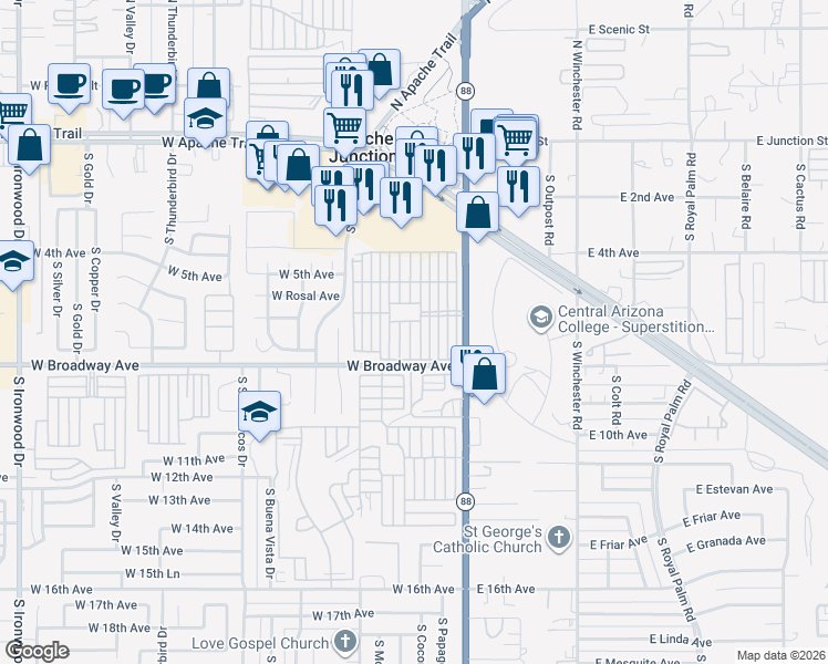 map of restaurants, bars, coffee shops, grocery stores, and more near 4th Avenue in Apache Junction