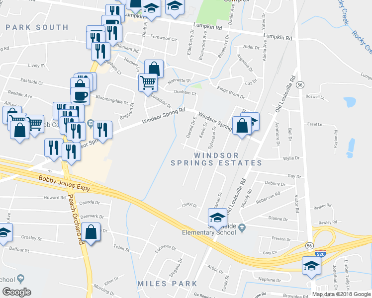 map of restaurants, bars, coffee shops, grocery stores, and more near 1816 Ronda Drive in Augusta