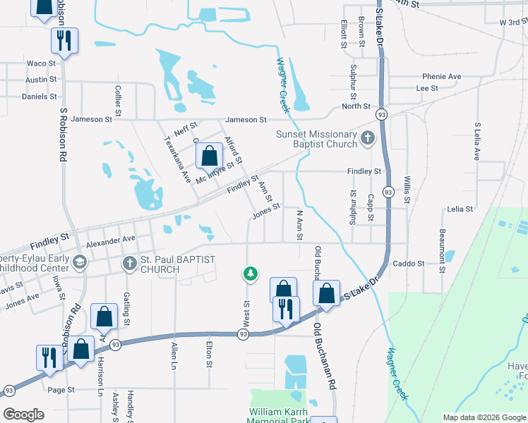 map of restaurants, bars, coffee shops, grocery stores, and more near 1122 Ann Street in Texarkana