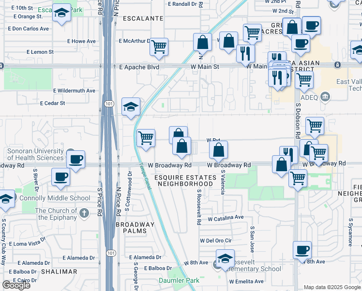 map of restaurants, bars, coffee shops, grocery stores, and more near 2452 West Birchwood Avenue in Mesa