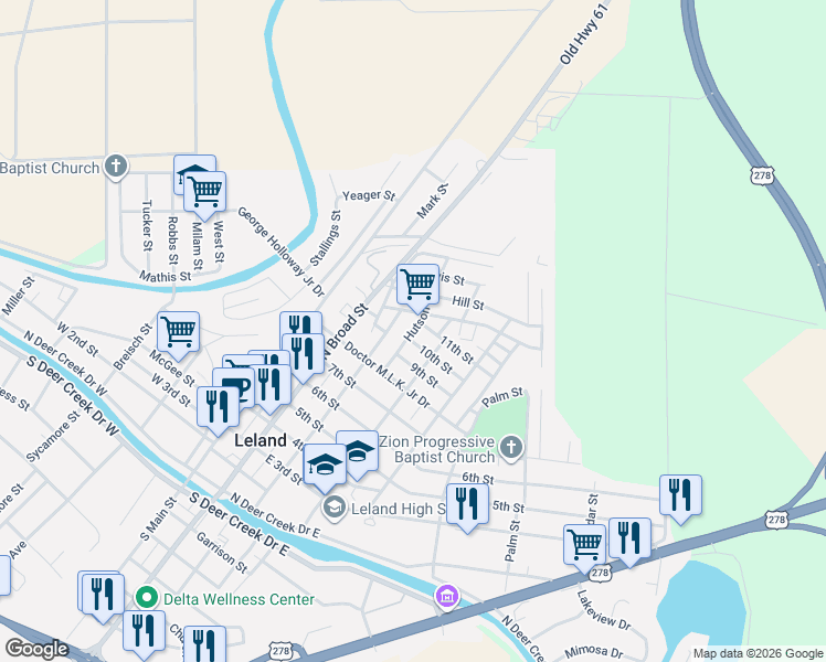 map of restaurants, bars, coffee shops, grocery stores, and more near 301-311 Hood Street in Leland