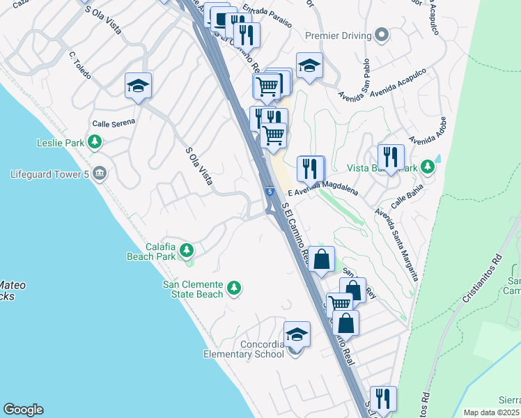 map of restaurants, bars, coffee shops, grocery stores, and more near 2483 South Ola Vista in San Clemente