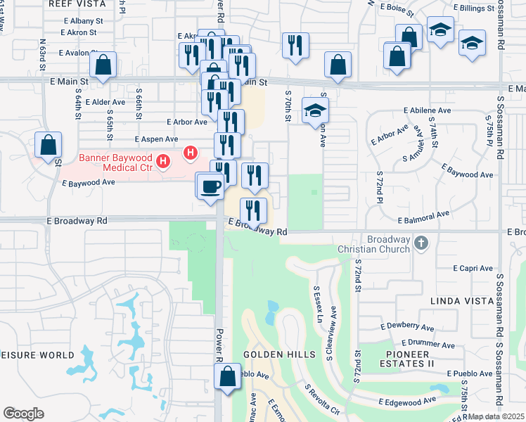 map of restaurants, bars, coffee shops, grocery stores, and more near 325 South Power Road in Mesa