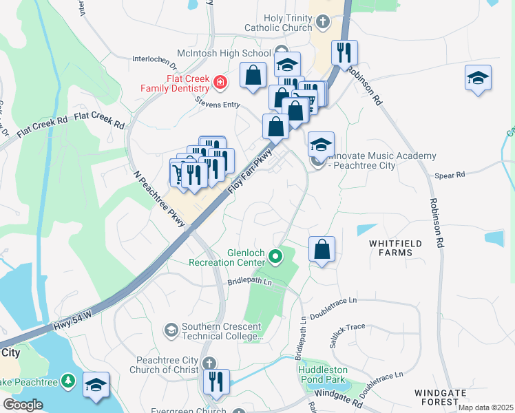 map of restaurants, bars, coffee shops, grocery stores, and more near 205 Morgans Turn in Peachtree City
