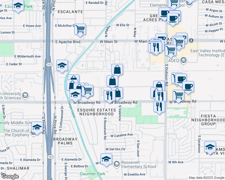 map of restaurants, bars, coffee shops, grocery stores, and more near 2000-2098 W Pvt in Mesa