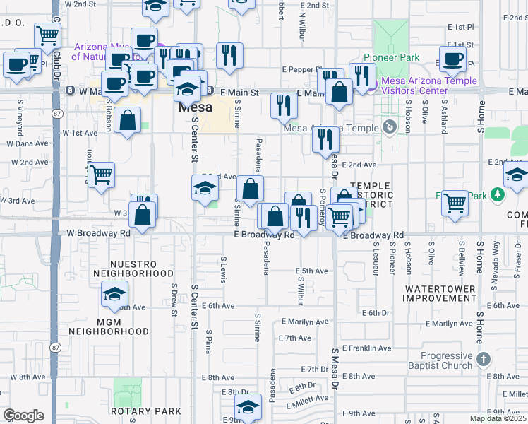 map of restaurants, bars, coffee shops, grocery stores, and more near 243 South Sirrine in Mesa