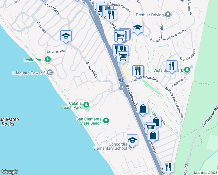 map of restaurants, bars, coffee shops, grocery stores, and more near in San Clemente