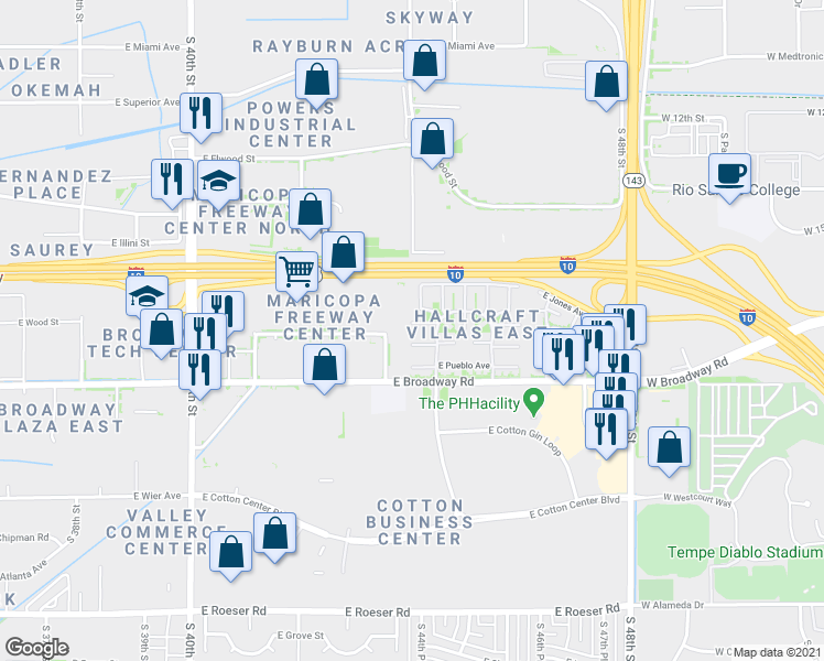 map of restaurants, bars, coffee shops, grocery stores, and more near 4404 East Riverside Street in Phoenix