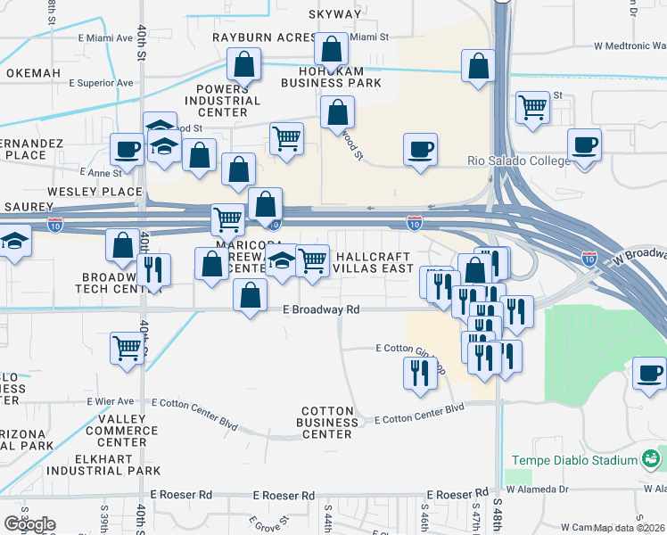 map of restaurants, bars, coffee shops, grocery stores, and more near 4029 South 44th Place in Phoenix