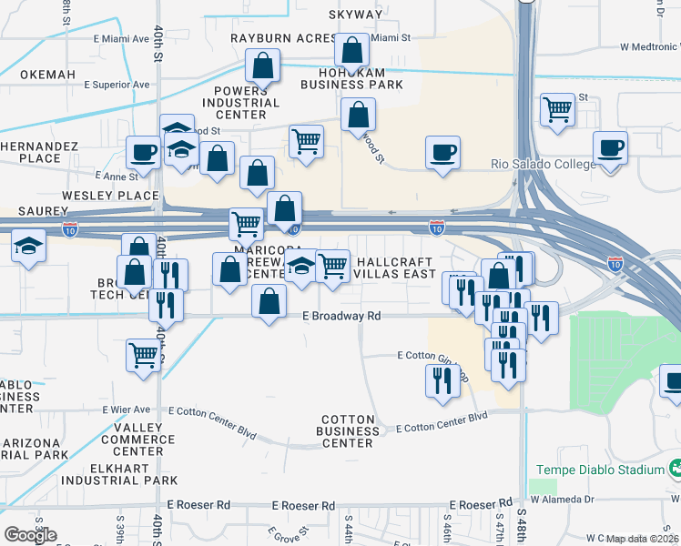 map of restaurants, bars, coffee shops, grocery stores, and more near 4404 East Riverside Street in Phoenix