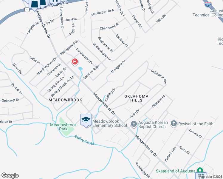 map of restaurants, bars, coffee shops, grocery stores, and more near 3530 Mutimer Drive in Augusta