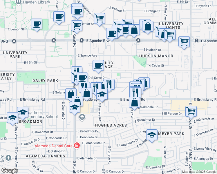 map of restaurants, bars, coffee shops, grocery stores, and more near 145 East Apartment in Tempe