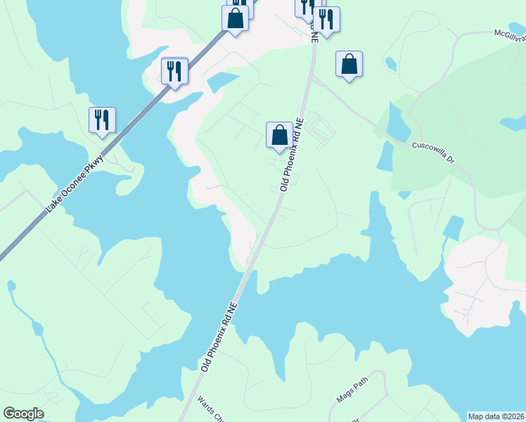 map of restaurants, bars, coffee shops, grocery stores, and more near 599 Old Phoenix Road Northeast in Eatonton