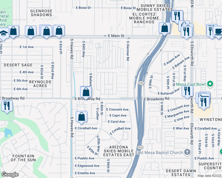 map of restaurants, bars, coffee shops, grocery stores, and more near 8600 East Broadway Road in Mesa