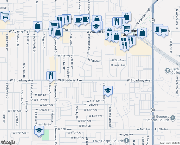 map of restaurants, bars, coffee shops, grocery stores, and more near 1096 West 6th Avenue in Apache Junction