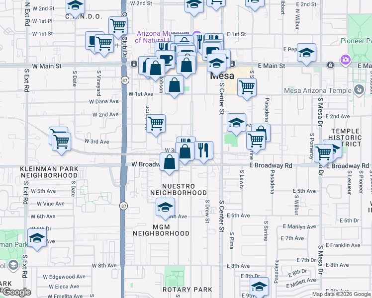map of restaurants, bars, coffee shops, grocery stores, and more near 240 South Macdonald in Mesa
