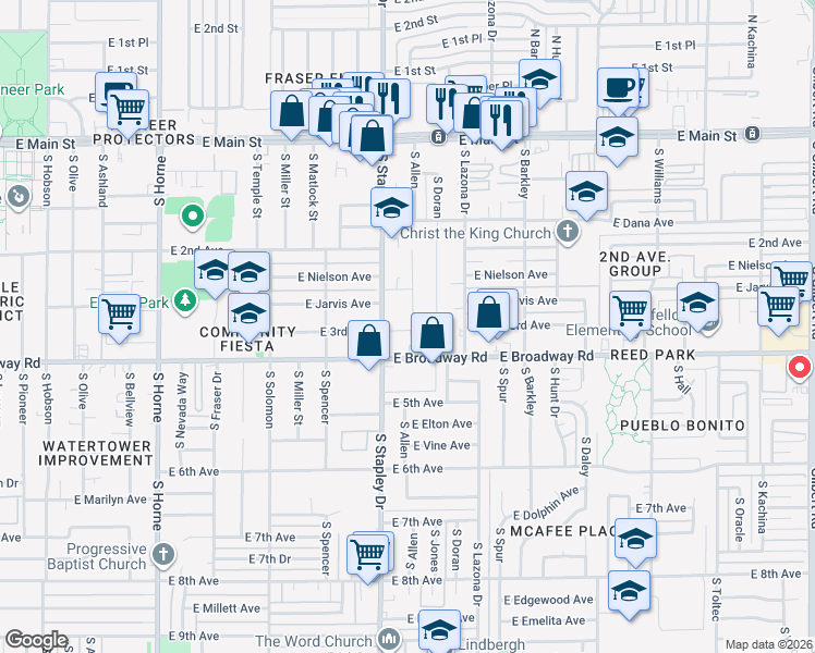 map of restaurants, bars, coffee shops, grocery stores, and more near 322 South Allen in Mesa