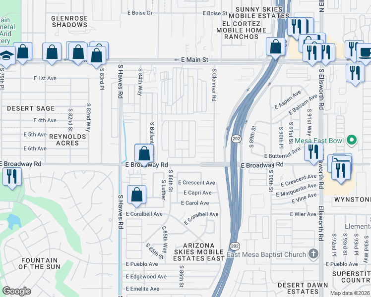 map of restaurants, bars, coffee shops, grocery stores, and more near 8620 East Broadway Road in Mesa