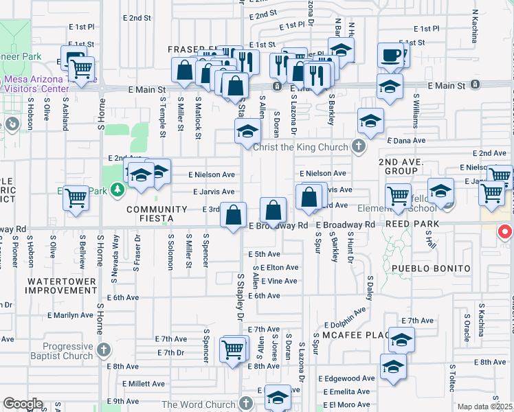 map of restaurants, bars, coffee shops, grocery stores, and more near 305 South Allen in Mesa