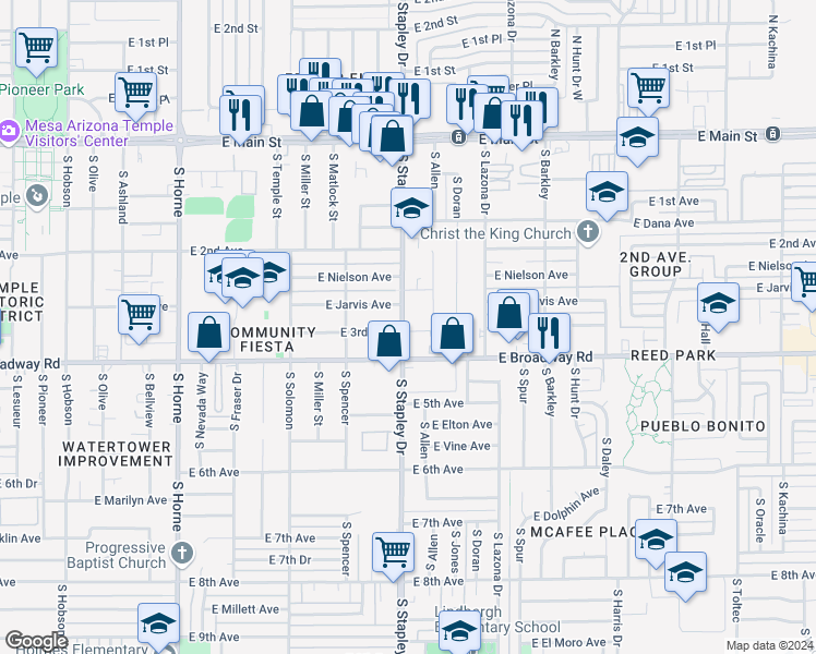 map of restaurants, bars, coffee shops, grocery stores, and more near 1165 East Jarvis Avenue in Mesa