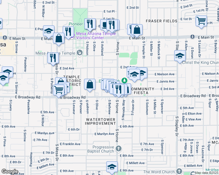 map of restaurants, bars, coffee shops, grocery stores, and more near 110 East 3rd Avenue in Mesa