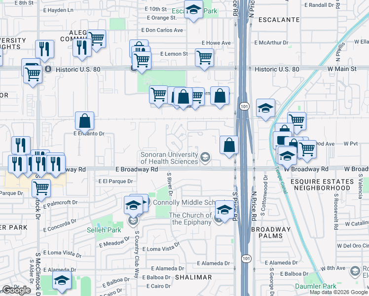 map of restaurants, bars, coffee shops, grocery stores, and more near 1634 South Torre Molinos Circle in Tempe
