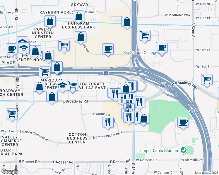 map of restaurants, bars, coffee shops, grocery stores, and more near 4530 East Riverside Street in Phoenix