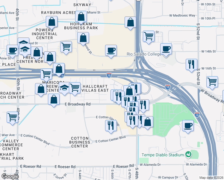 map of restaurants, bars, coffee shops, grocery stores, and more near 4530 East Riverside Street in Phoenix