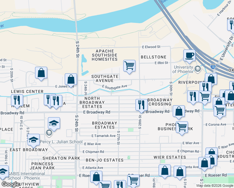 map of restaurants, bars, coffee shops, grocery stores, and more near 2621 East Southgate Avenue in Phoenix